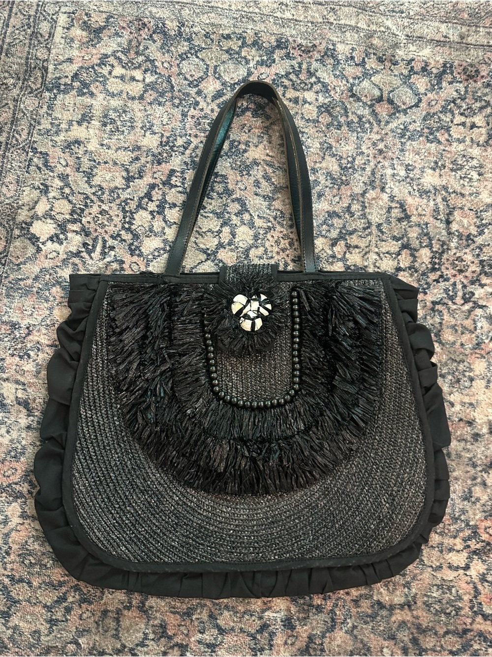 Felix Rey Black Fringe Straw Tote with Seashell Closure beach bag/tote bag